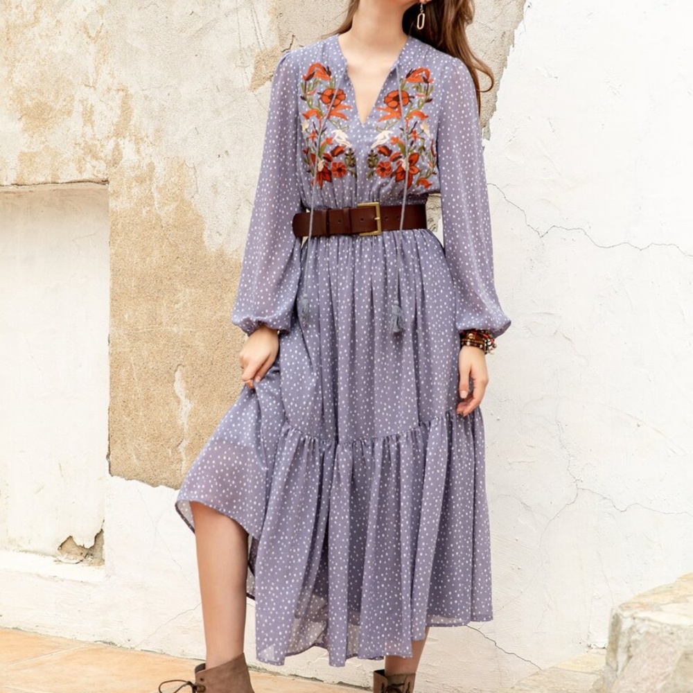 Boho Embroidered Floral Polka Dot Ruffle Dress - Picture 6 of 15